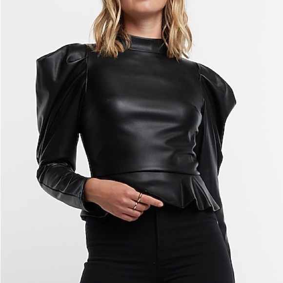Express Black Faux Leather Mock Neck Puff Sleeve Peplum Top Size Small NEW - Picture 1 of 8